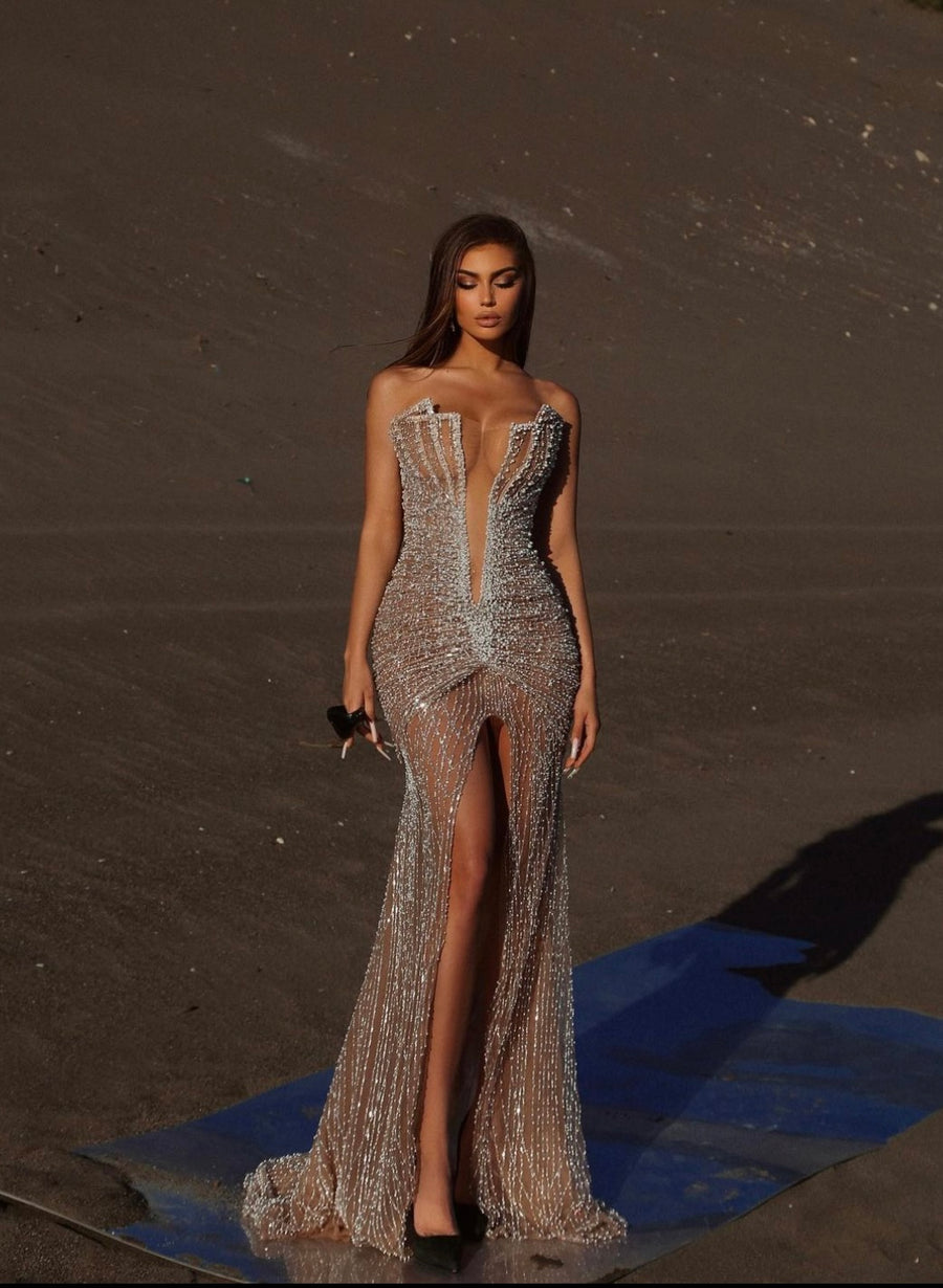 PEARL BEADED DEEP V CORSET GOWN
