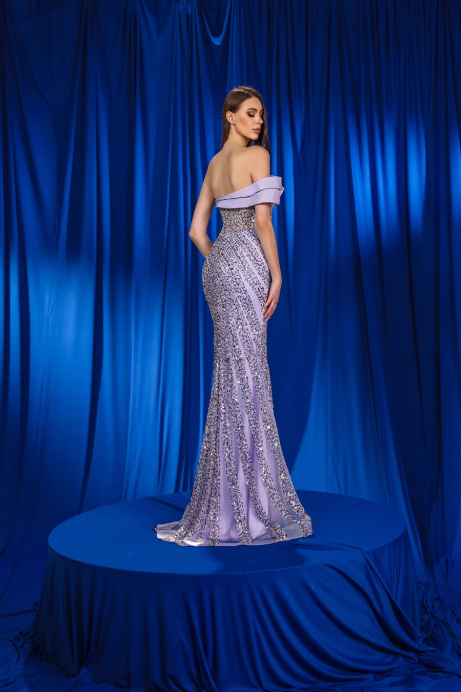 MODESSA LILAC BEADED GOWN WITH SATIN DRAPE