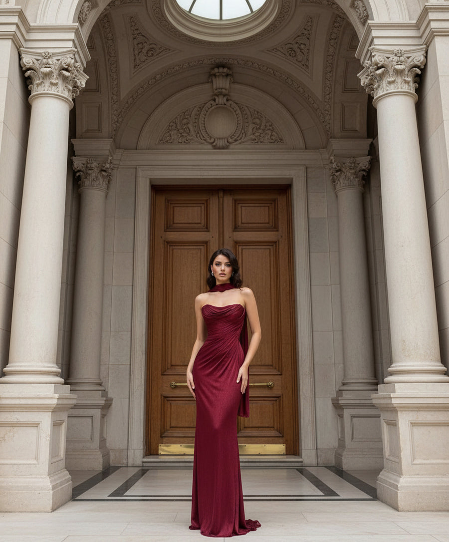 PLEATED SHIMMER GOWN WITH LACE DETAIL