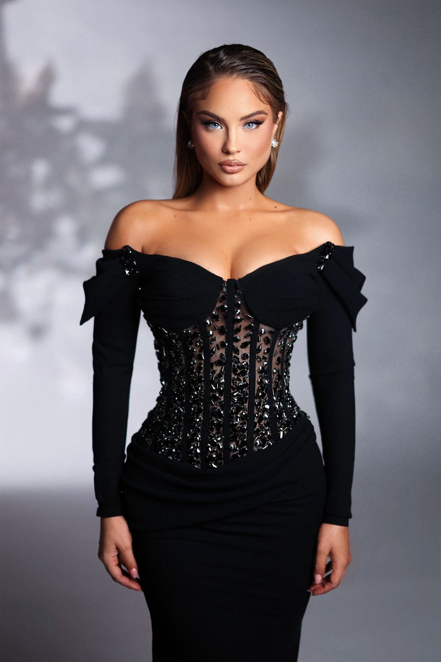 CRYSTAL ENCRUSTED CORSET WITH DRAPING GOWN