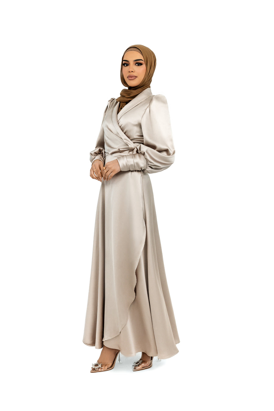 FATIMA K MAYA ASYMMETRIC RUFFLED SILK SATIN MAXI WRAP DRESS FATIMA K MAYA ASYMMETRIC RUFFLED SILK SATIN MAXI WRAP DRESS