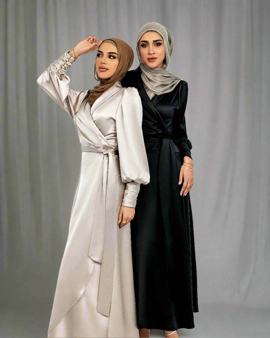FATIMA K MAYA ASYMMETRIC RUFFLED SILK SATIN MAXI WRAP DRESS FATIMA K MAYA ASYMMETRIC RUFFLED SILK SATIN MAXI WRAP DRESS