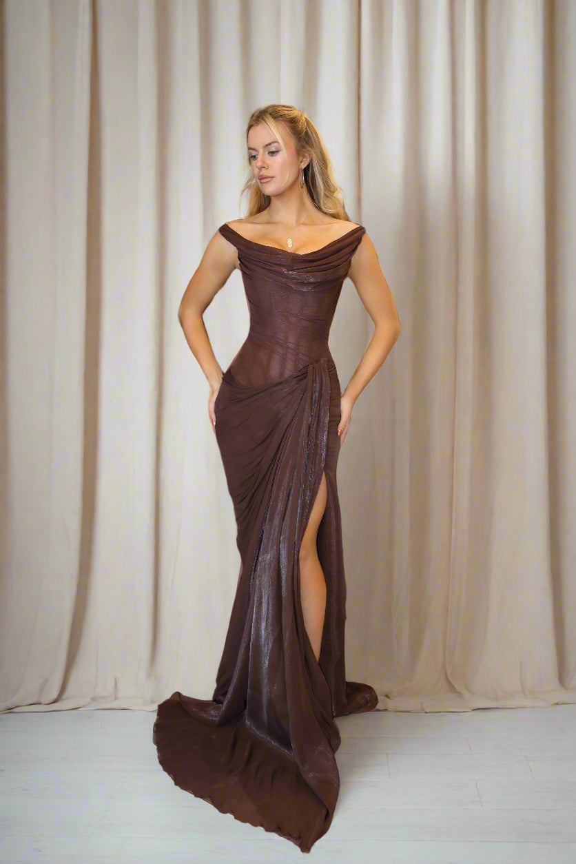 SOFT DRAPED OFF THE SHOULDER CORSET GOWN