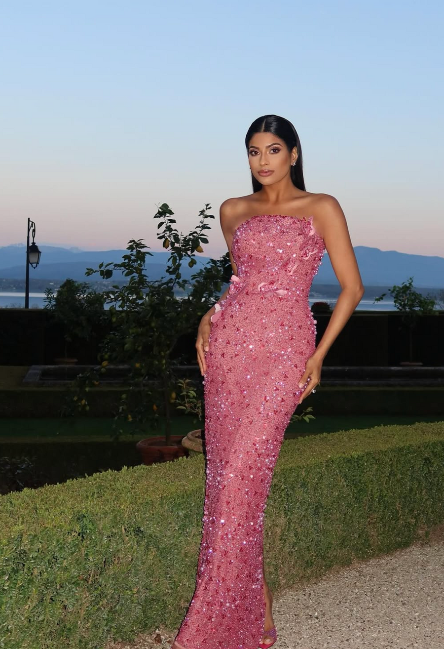 CRYSTAL & PEARL EMBELLISHED BUTTERFLY GOWN