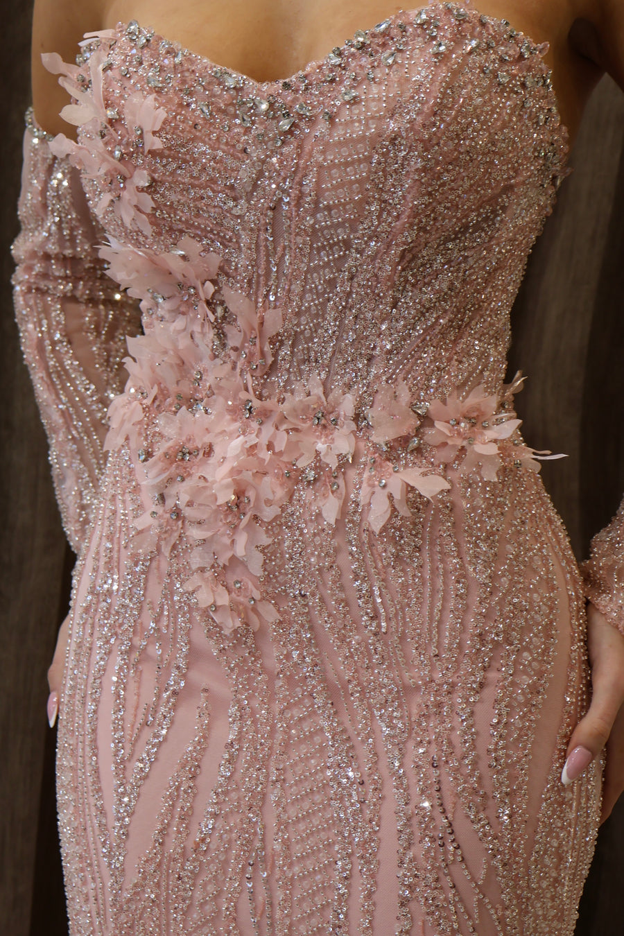BEADED GOWN WITH FLORAL EMBELLISHMENTS AND DETACHABLE SLEEVES