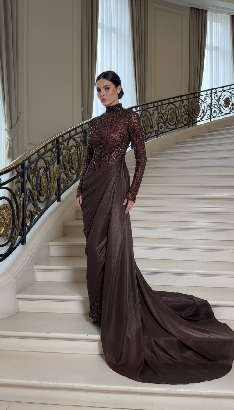 Elegant brown evening gown with long sleeves and draped skirt against a neutral background