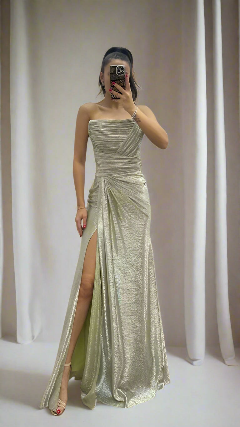 DRAPED SHIMMER CORSET GOWN