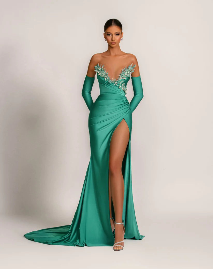 TIFFANY PLEATED CORSET GOWN EMBELLISHED TRIM AND GLOVES