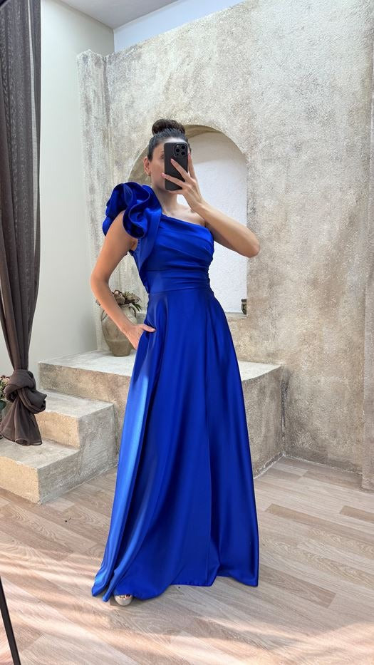 RUFFLED ONE SHOULDER SATIN A-LINE GOWN