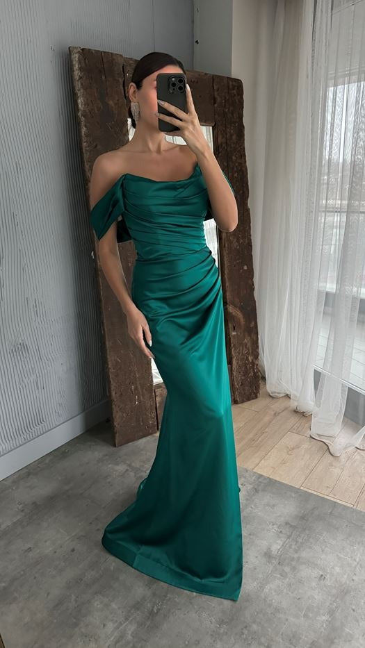 DRAPED SATIN GOWN WITH DROPPED SLEEVE