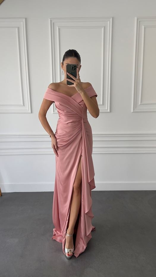 PLEATED BUST SATIN GOWN WITH DRAPED FRONT