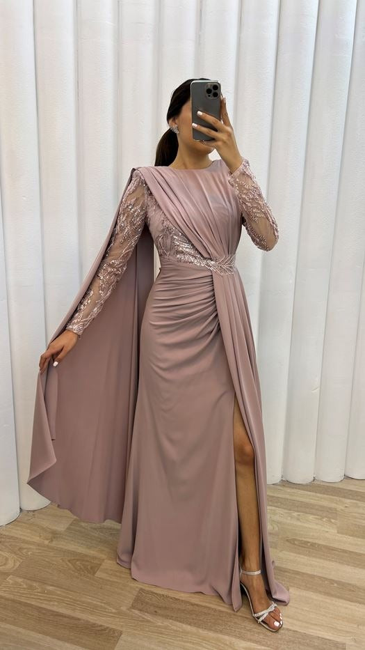 EMBROIDERED PLEATED GOWN WITH DRAPING