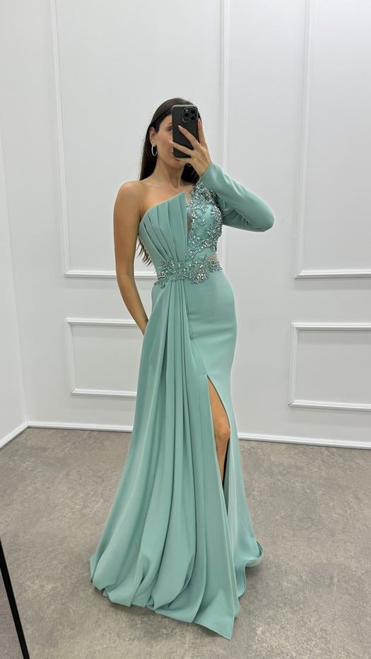 EMBELLISHED BUST ONE SLEEVE EVENING GOWN