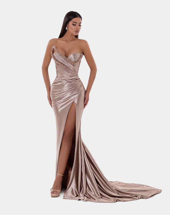 ALBINA DYLA STONE SATIN GOWN WITH BUST FEATURE