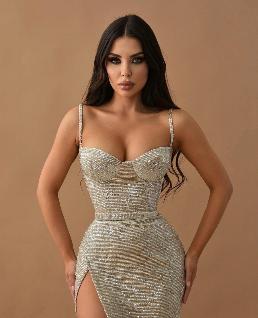 LS SEQUINS CORSET DRESS