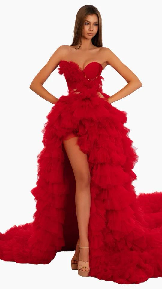 RED RUFFLE GOWN WITH SPLIT