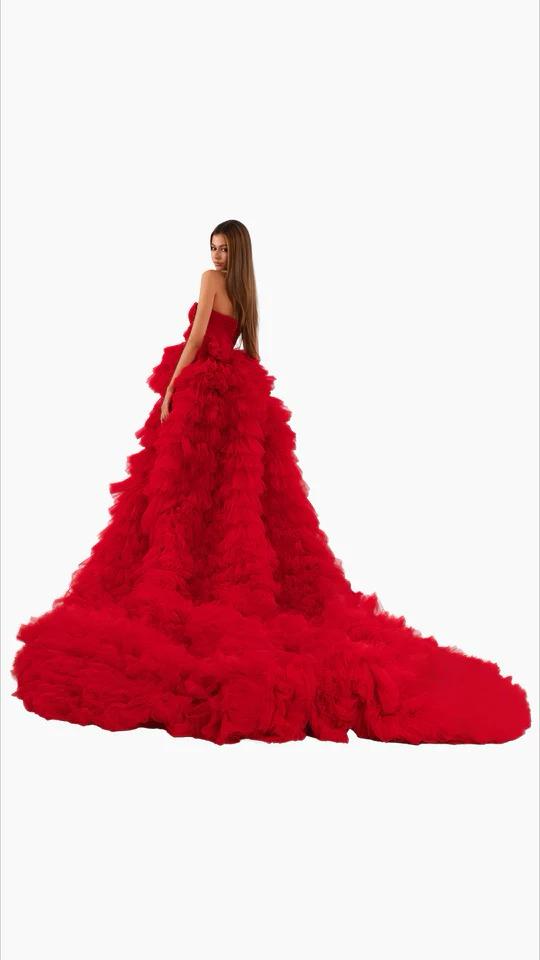 RED RUFFLE GOWN WITH SPLIT