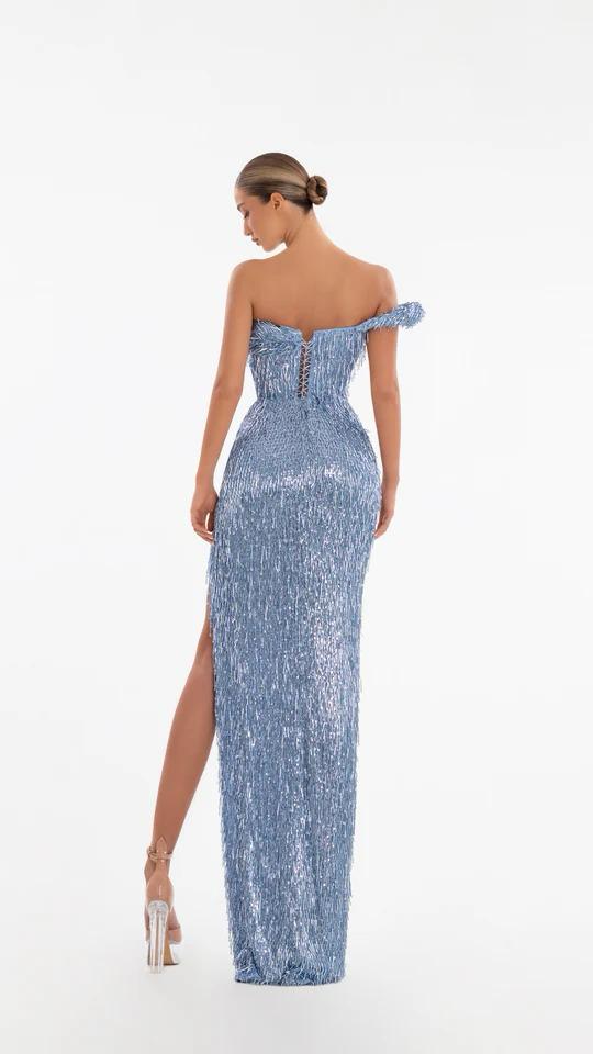 BEADED TASSEL GOWN WITH SHOULDER FEATURE