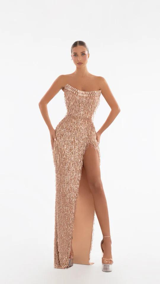 BEADED TASSEL GOWN WITH SPLIT