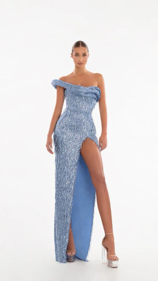 BEADED TASSEL GOWN WITH SHOULDER FEATURE