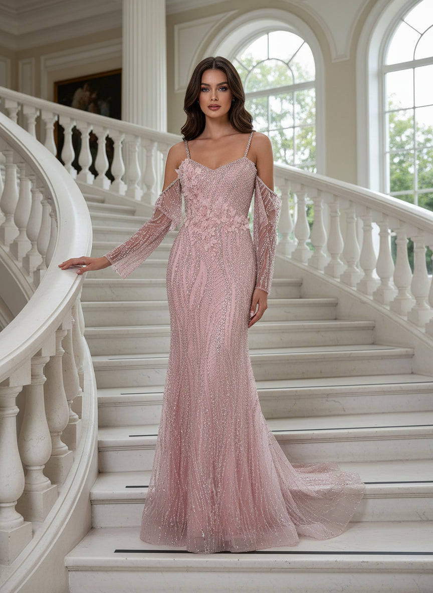 BEADED GOWN WITH FLORAL EMBELLISHMENTS AND DETACHABLE SLEEVES