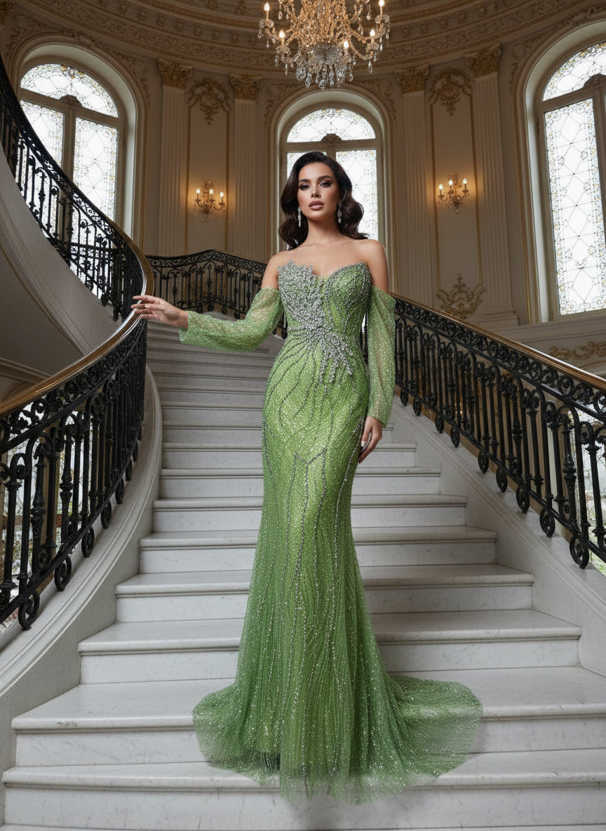 BEADED MERMAID GOWN WITH DETACHABLE SLEEVES