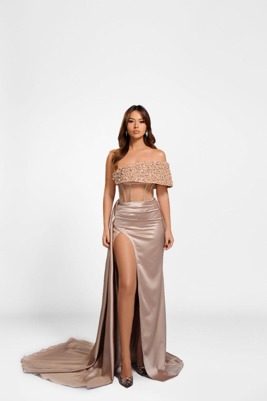 ALMA OFF SHOULDER PEARL CORSET GOWN