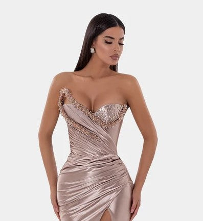 ALBINA DYLA STONE SATIN GOWN WITH BUST FEATURE