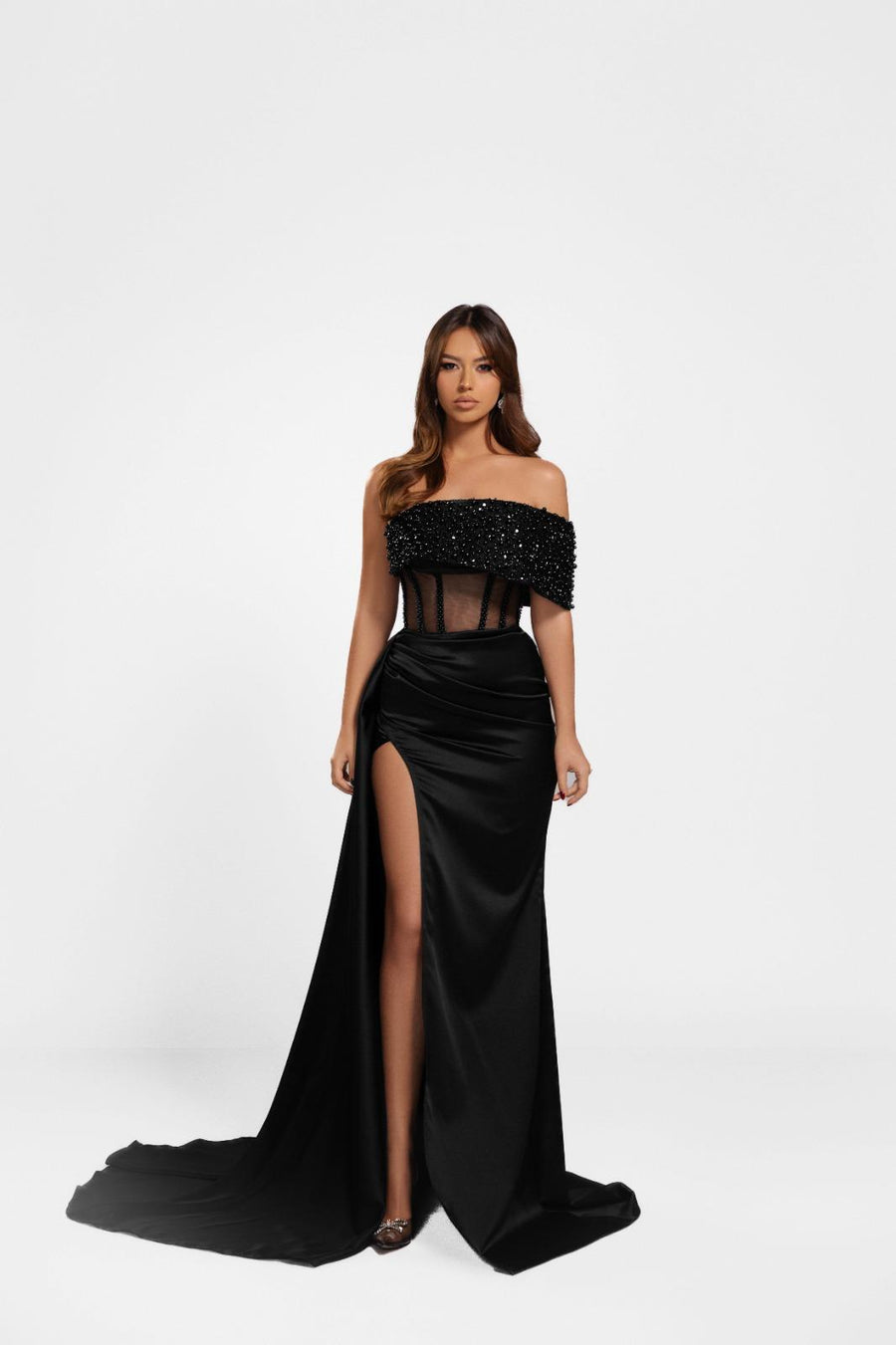 ALMA OFF SHOULDER PEARL CORSET GOWN