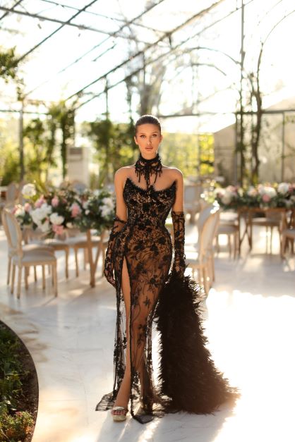 BEADED LACE CORSET GOWN WITH GLOVES