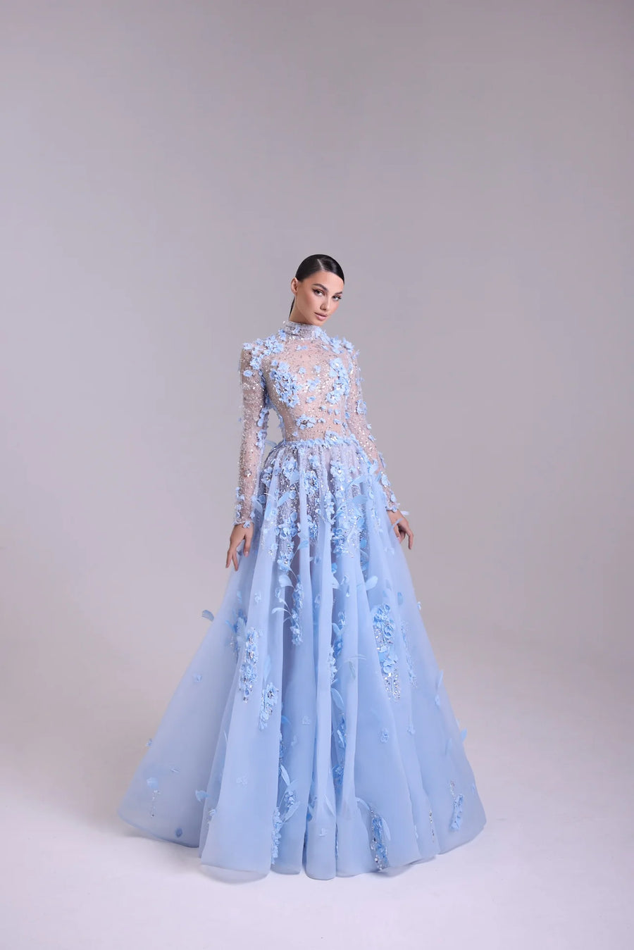 CRYSTAL BLOSSOM BEADED A LINE GOWN