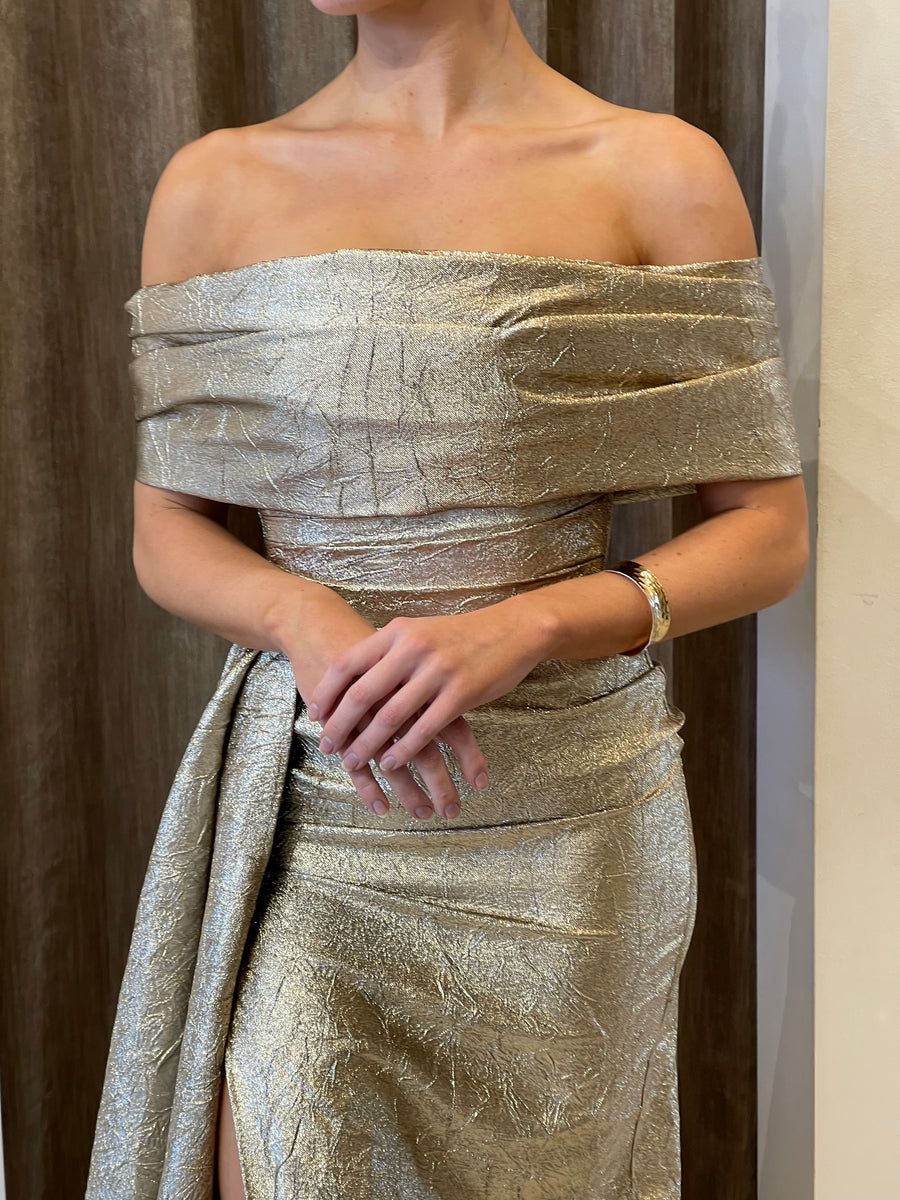 ADA SHOULDER SHAWL SHIMMER BROCADE DRAPED GOWN ADA SHOULDER SHAWL SHIMMER BROCADE DRAPED GOWN