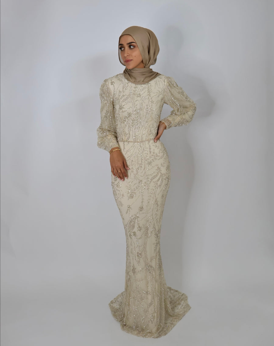 FATIMA K FLORAL BEADED LONG SLEEVE TRUMPET GOWN