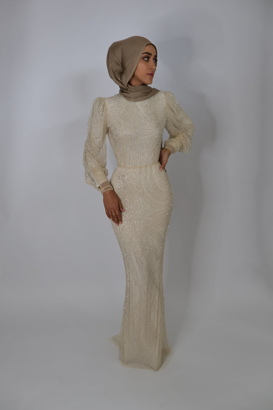 FATIMA K BEADED PUFF SLEEVE TRUMPET GOWN