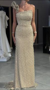 SWAROVSKI & PEARL BEADED HIGH NECK GOWN