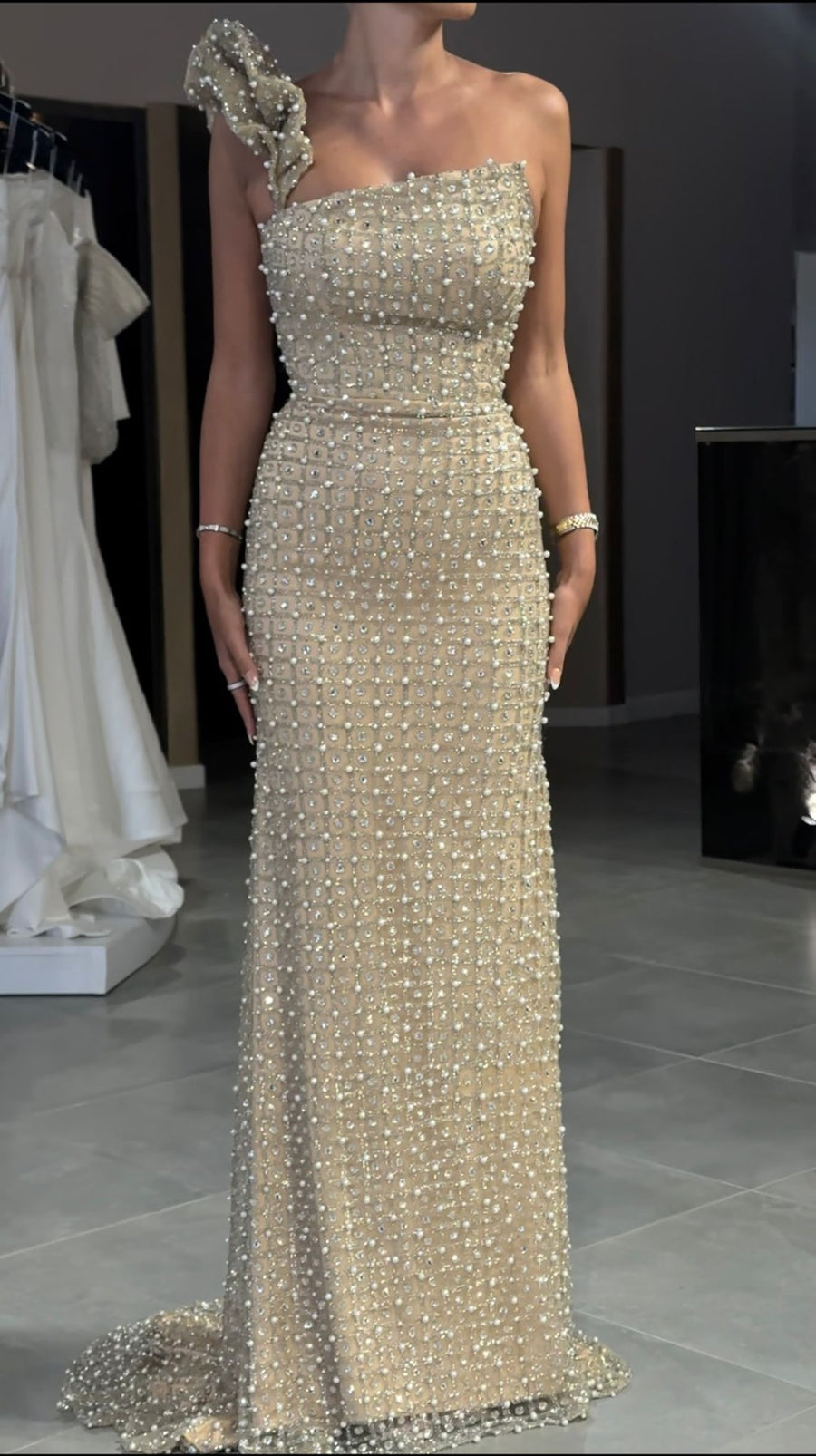 PEARL & SWAROVSKI BEADED RUFFLE SHOULDER GOWN PEARL & SWAROVSKI BEADED RUFFLE SHOULDER GOWN