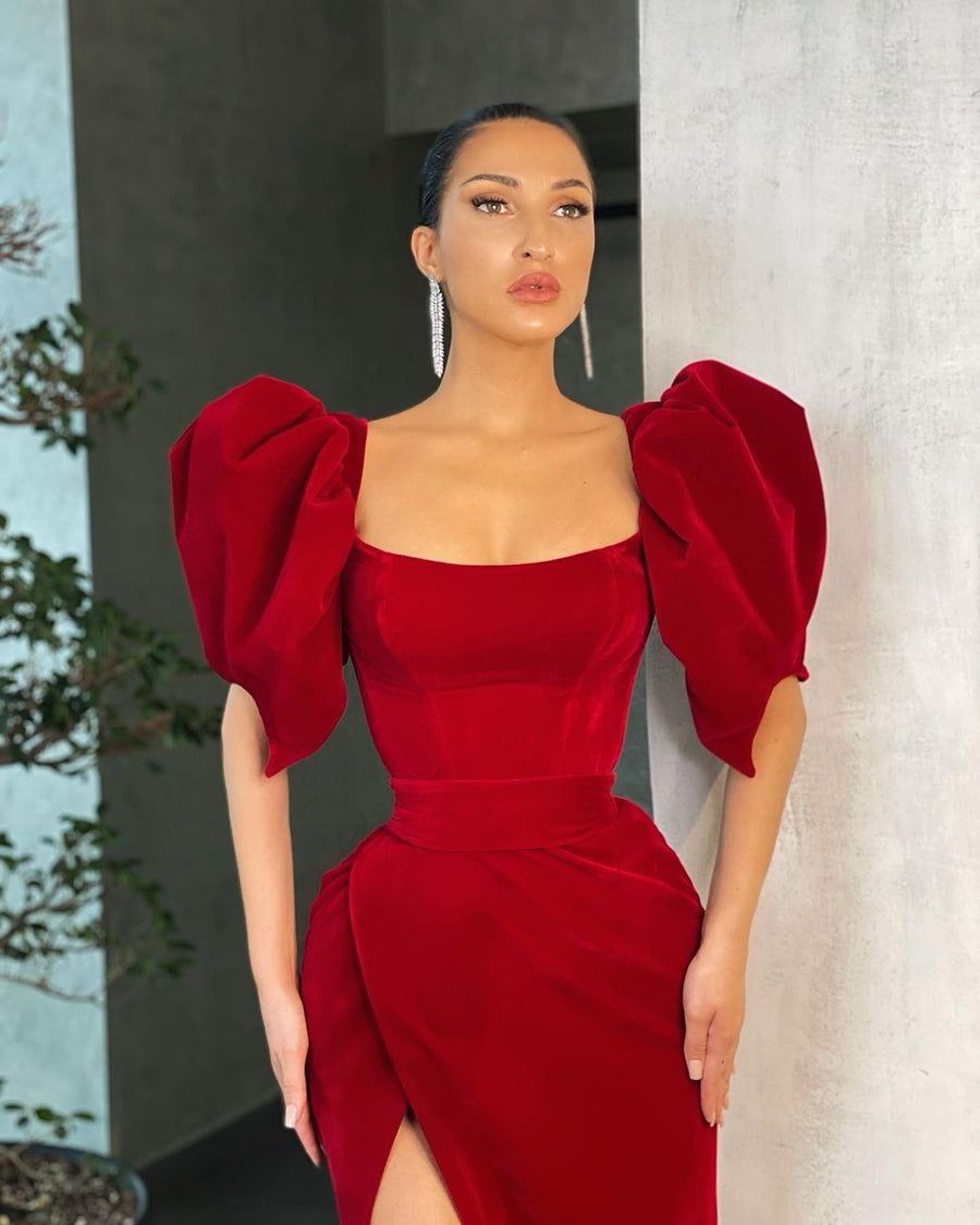 LS RED VELVET DRESS WITH PUFF-SLEEVE