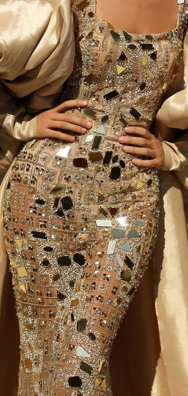 GOLD BEADED LONG MIRROR DRESS WITH SLEEVES