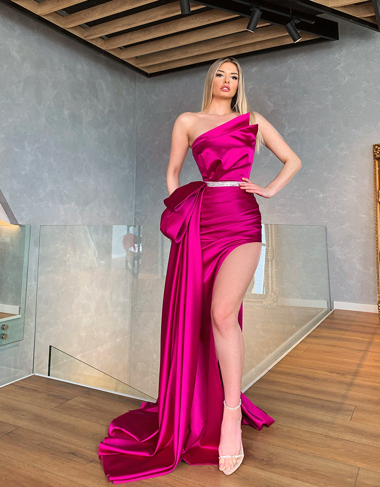 WFG SATIN DRAPE GOWN WITH DETACHABLE CRYSTAL BELT