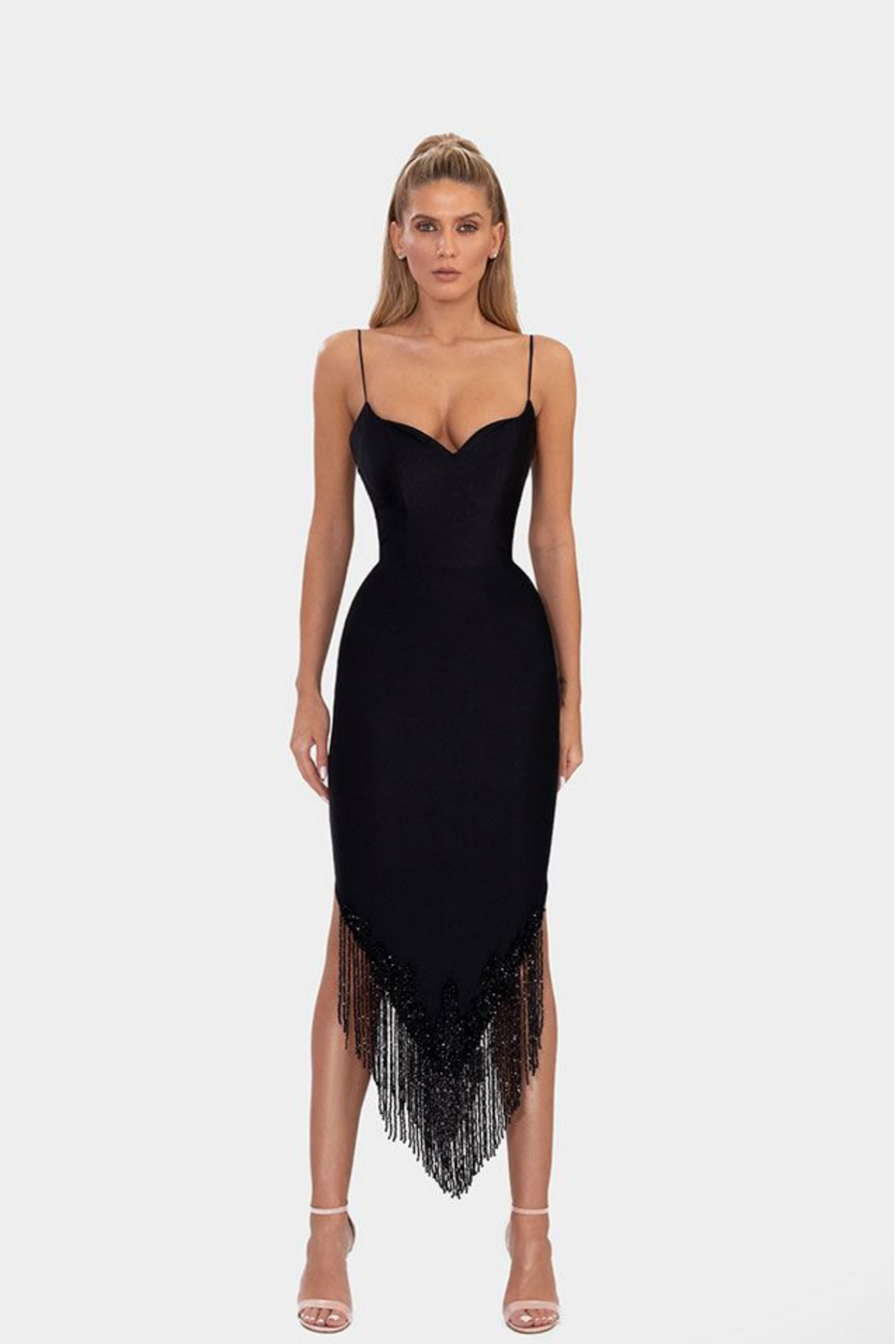 Black tassel midi sales dress