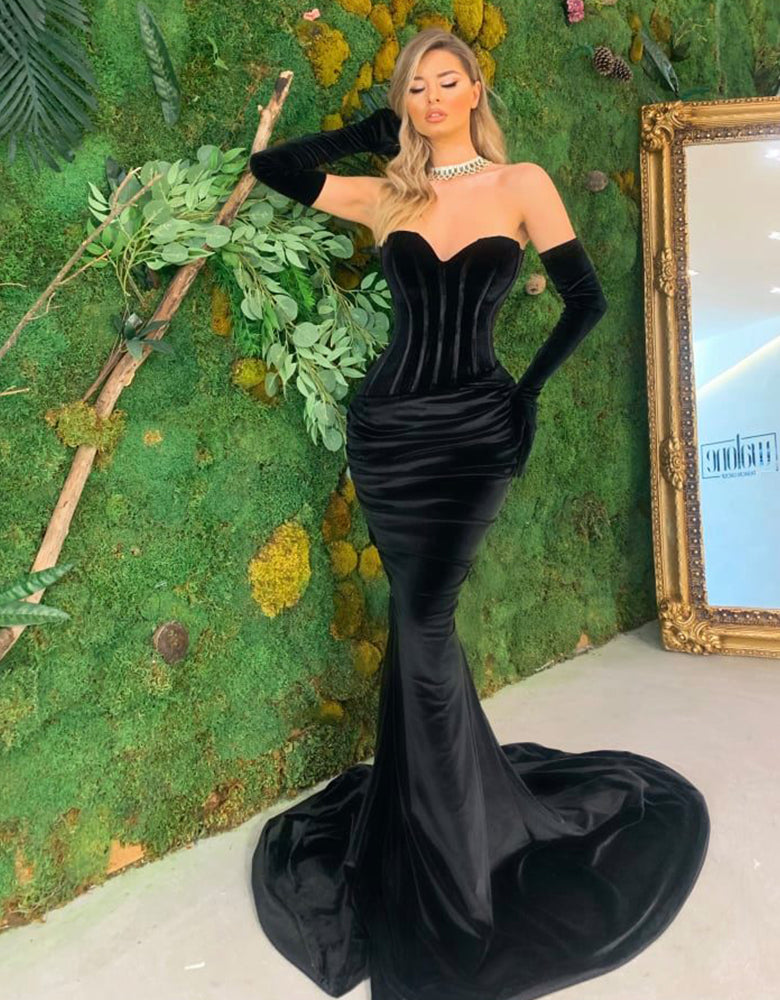 WFG BLACK VELVET CORSET DRESS WITH GLOVES