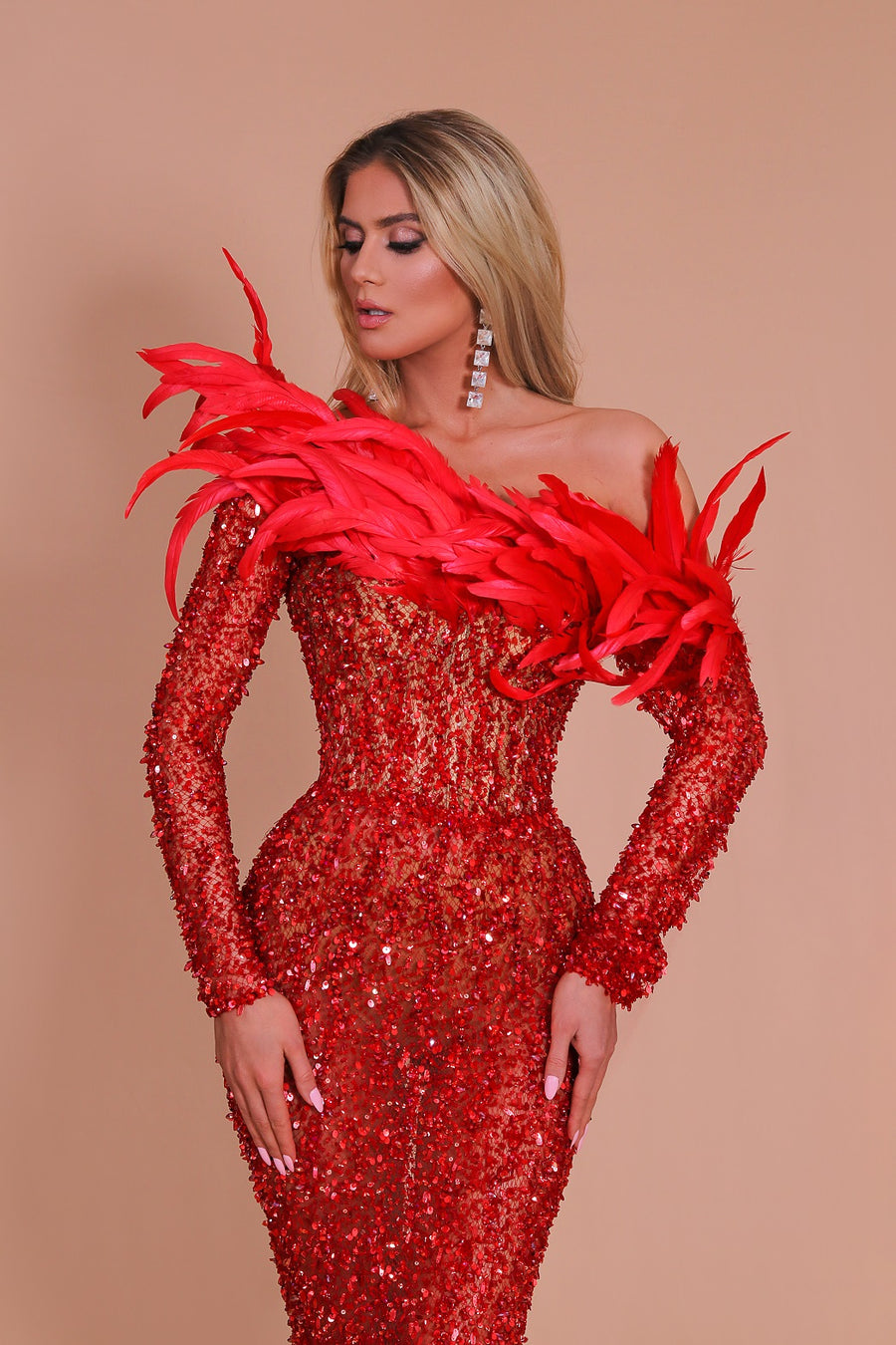 ALBINA DYLA RED FEATHER DRESS WITH TRAIN