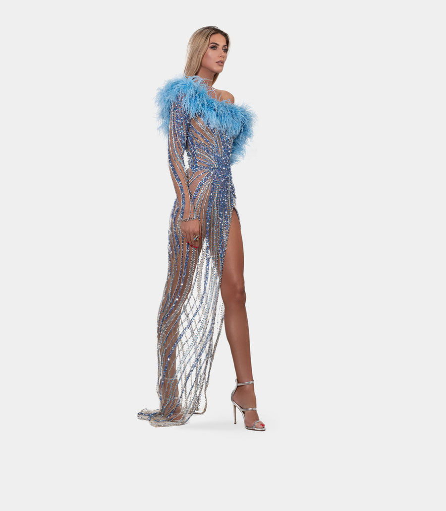 ALBINA DYLA BLUE BEADED FEATHER SHOULDER DRESS ALBINA DYLA BLUE BEADED FEATHER SHOULDER DRESS