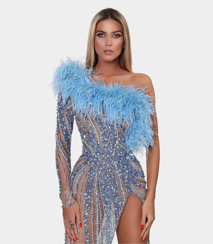 ALBINA DYLA BLUE BEADED FEATHER SHOULDER DRESS ALBINA DYLA BLUE BEADED FEATHER SHOULDER DRESS