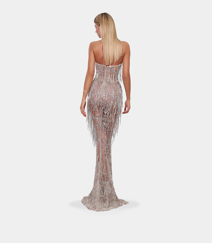 ALBINA DYLA SILVER BEADED TASSEL DRESS
