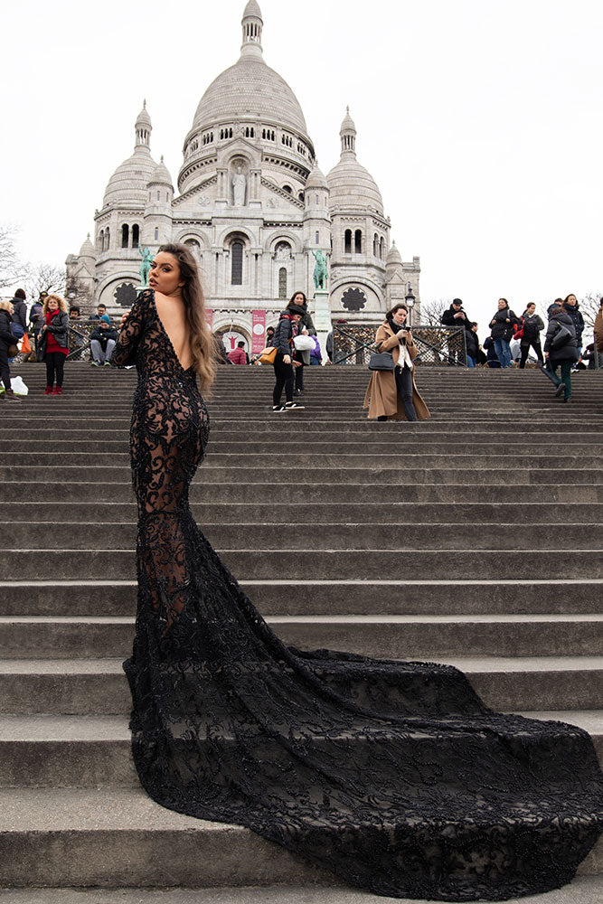 ALBINA DYLA BLACK LACE TRAIN DRESS