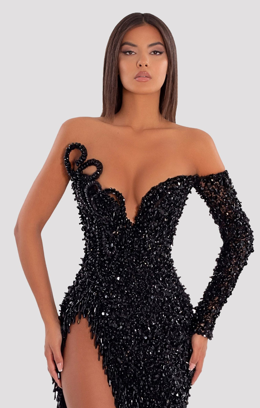 BEADED BUST DETAIL ONE SLEEVE GOWN