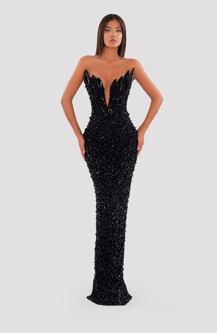 BEADED LEAF BUST GOWN