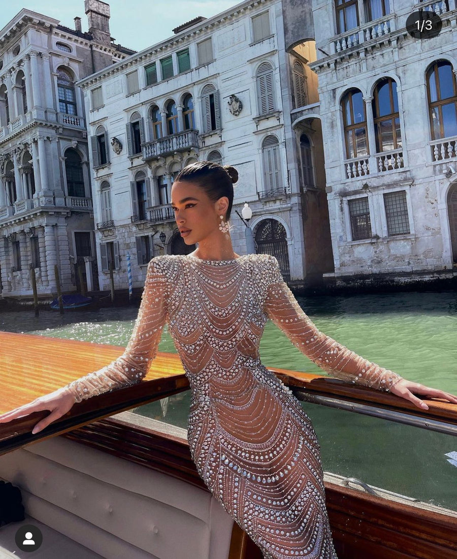 BIJOU FULLY BEADED GOWN WITH LONG SLEEVES BIJOU FULLY BEADED GOWN WITH LONG SLEEVES