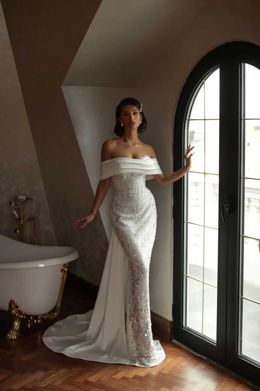 BRIDAL BEADED GOWN WITH SATIN SASH & TRAIN